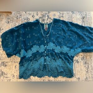 Like-New Johnny Was Small Turquoise embroidered silk blouse. Worn once!